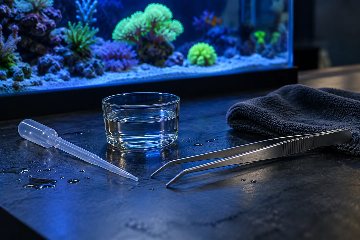 AI-generated concept: unbranded feeding pipette, viewing cup, tweezers and cloth beside an aquarium.